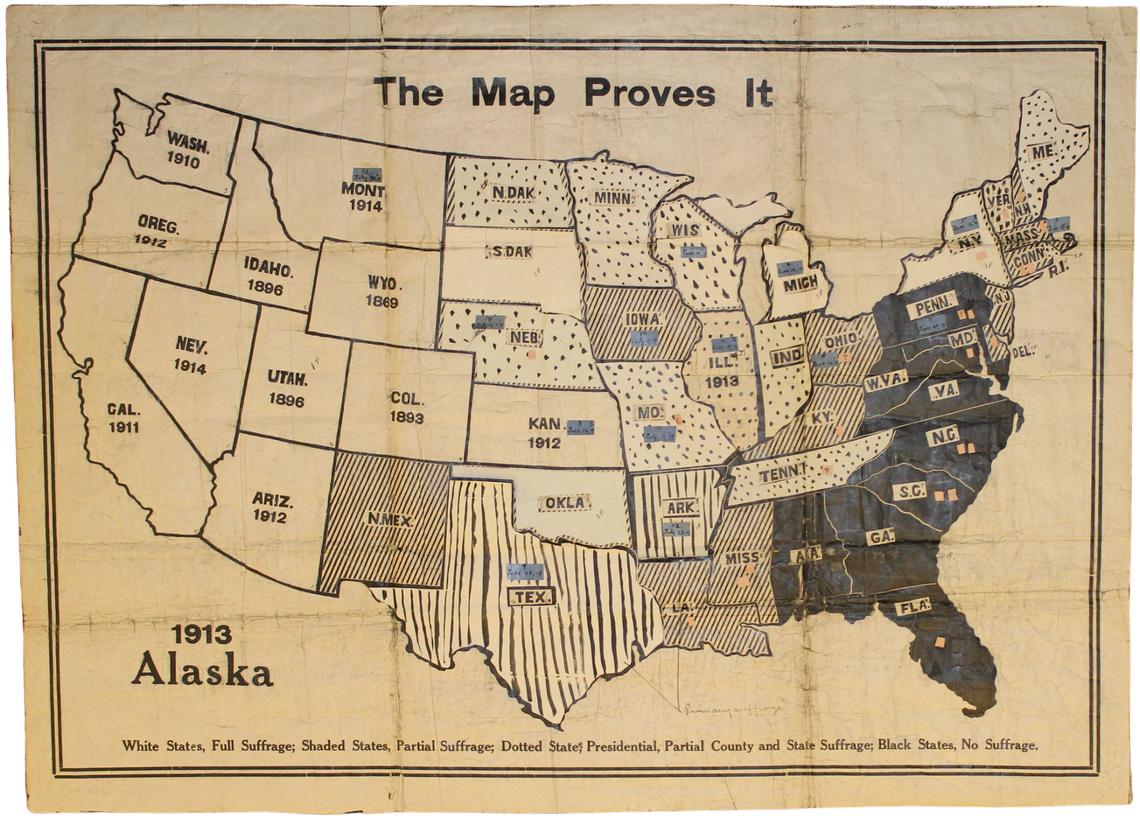 A map originally printed around 1914. It was altered over a period of five years to reflect the ratification of the Nineteenth Amendment in various states through mid 1919. 