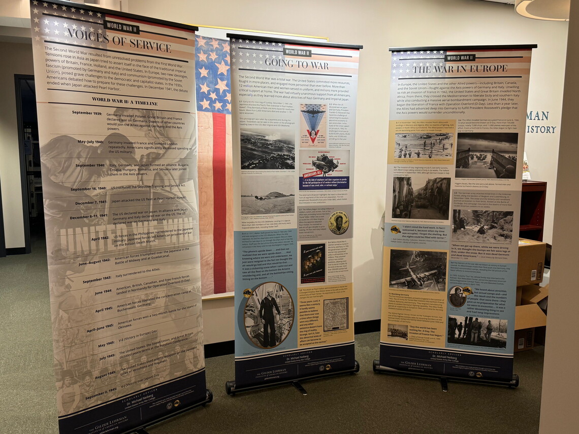 The first 3 panels of the World War II Traveling Exhibition set up