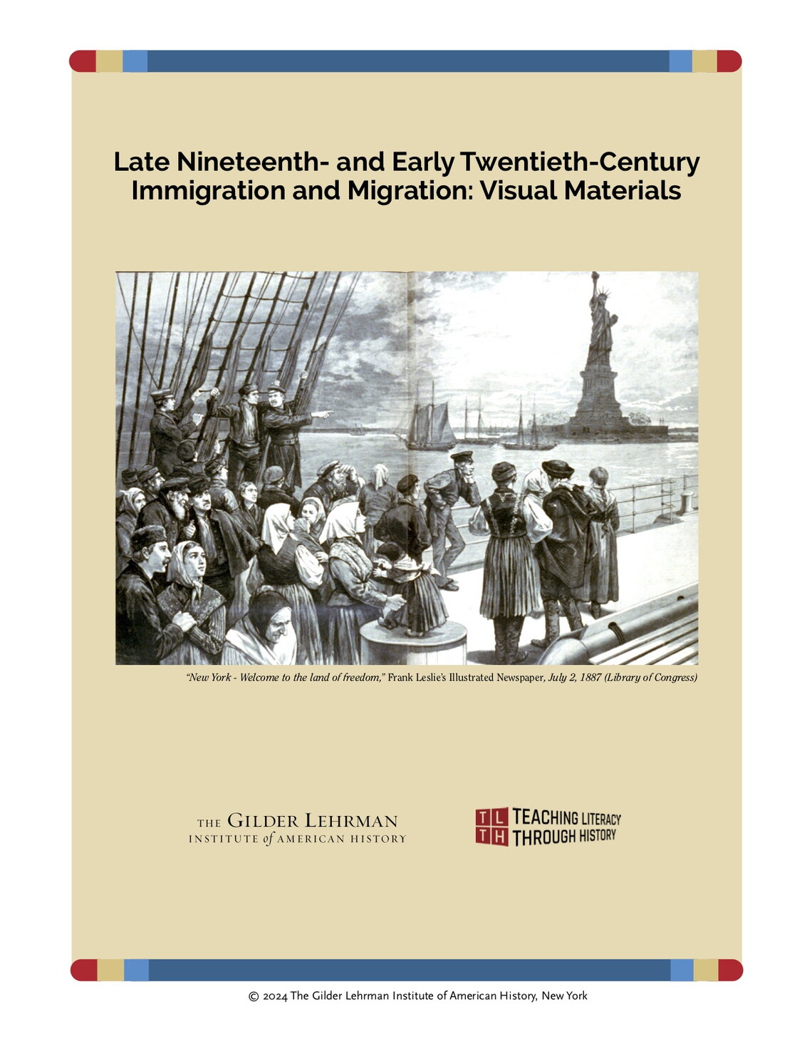 Cover of lesson plan featuring an illustration of immigrants arriving to New York City by boat