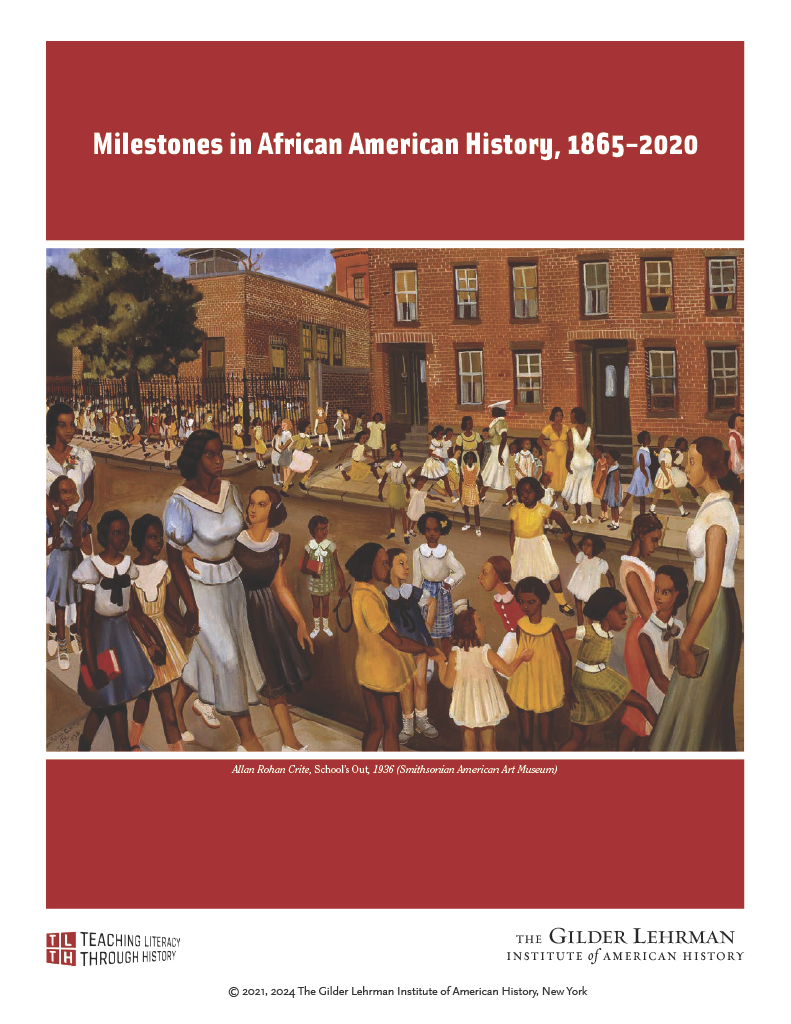 Cover of lesson plan featuring School's Out by Allan Rohan Crite, a painting of African American daughters and mothers walking down the street holding books 