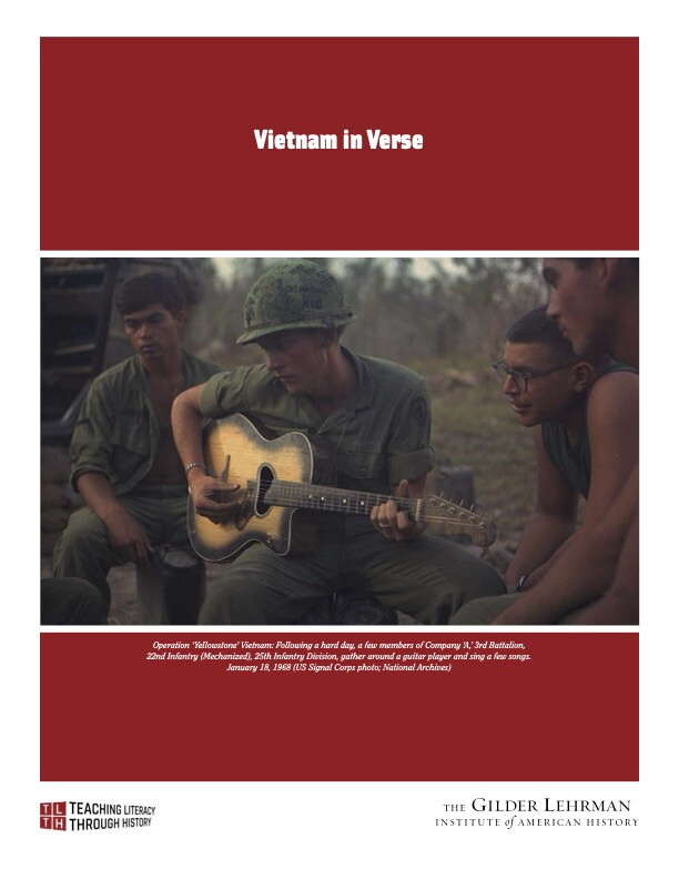 Cover of lesson plan featuring a group of soldiers gathered around a soldier in green uniform and helmet playing the guitar