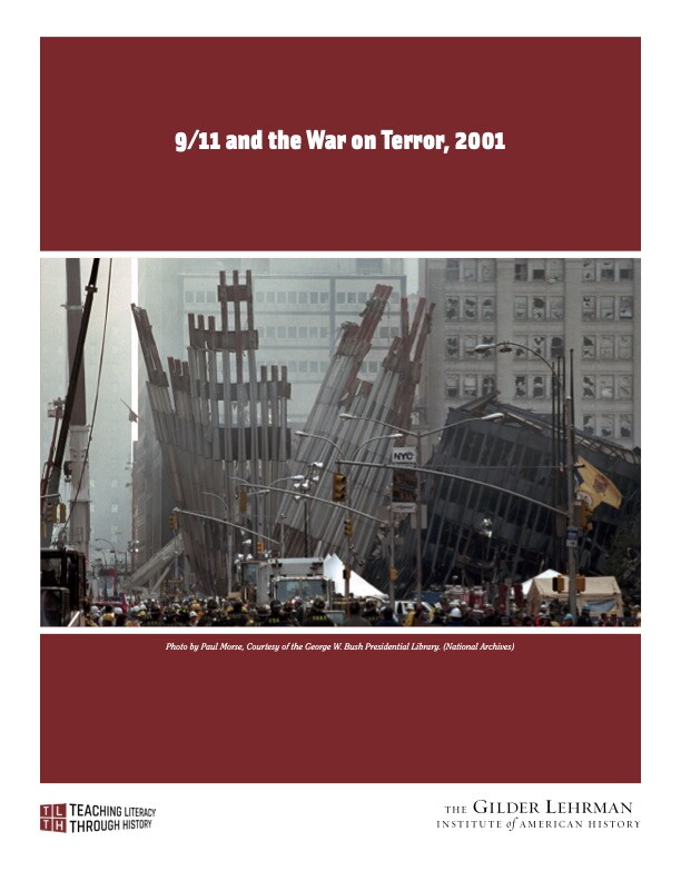 Cover of lesson plan, featuring a photo of emergency personnel surrounding fragments of the World Trade Center in New York City by Paul Morse