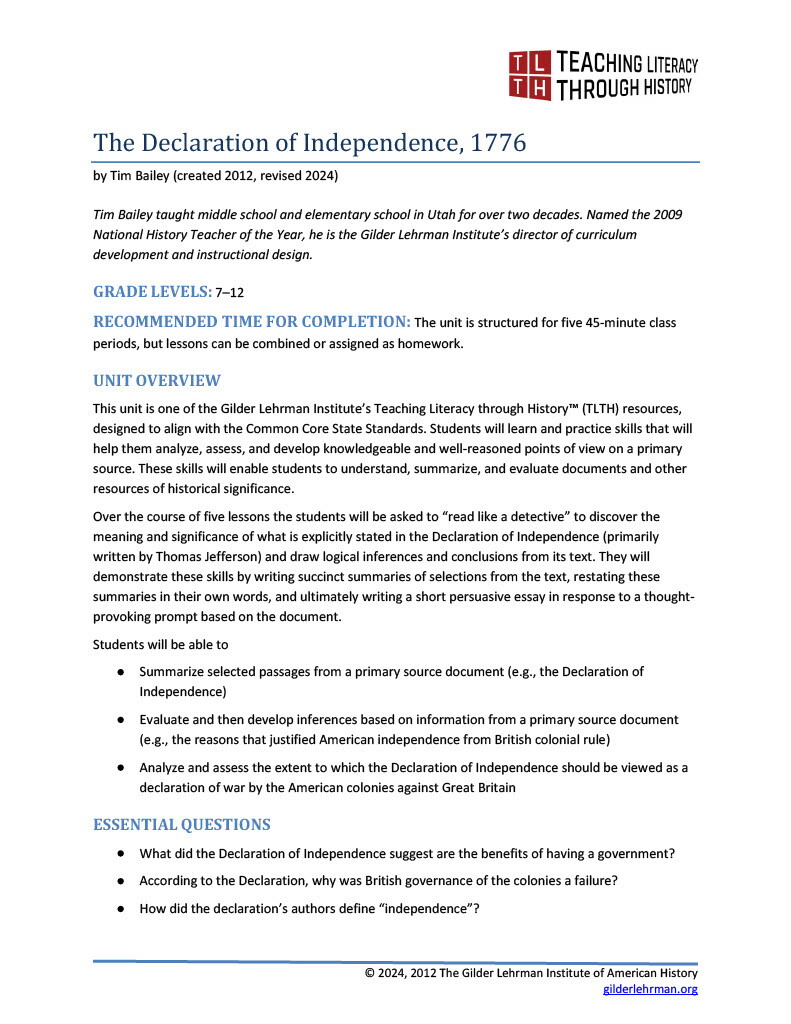 Cover for Declaration of Independence lesson plan