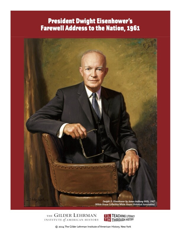 Painting of Dwight D. Eisenhower by James Anthony Wills, 1967. He is sideways sitting in a chair and holding his glasses while looking at the artist.