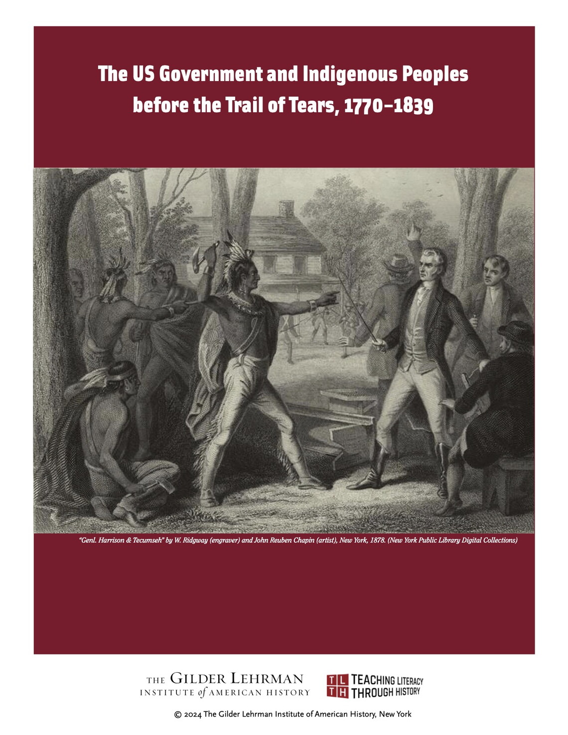 Cover of lesson plan featuring General Harrison and Tecumseh by W. Ridgway (engraver) and John Reuben Chapin (artist), 1878