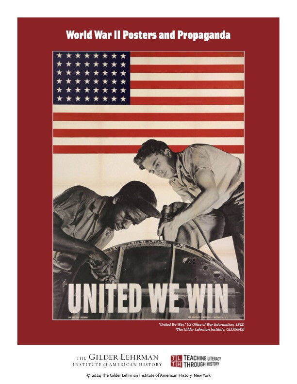 World War II Propaganda Poster "United We Win" featuring one White and one Black man working on war machinery, U.S. Office of War Information, 1942