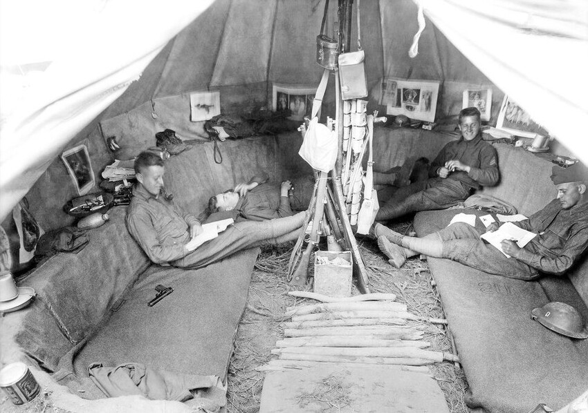 WWI Soldiers relaxing in a tent