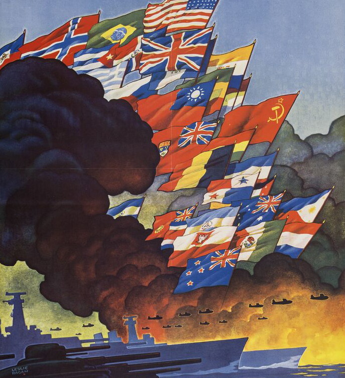 Flags of the member nations of the United Nations wave amidst smoke of a bombardment, with military airplanes, ships and tanks in background.